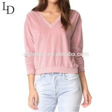 Venta caliente de algodón con cuello en v camiseta larga manga elegante mujer sudadera